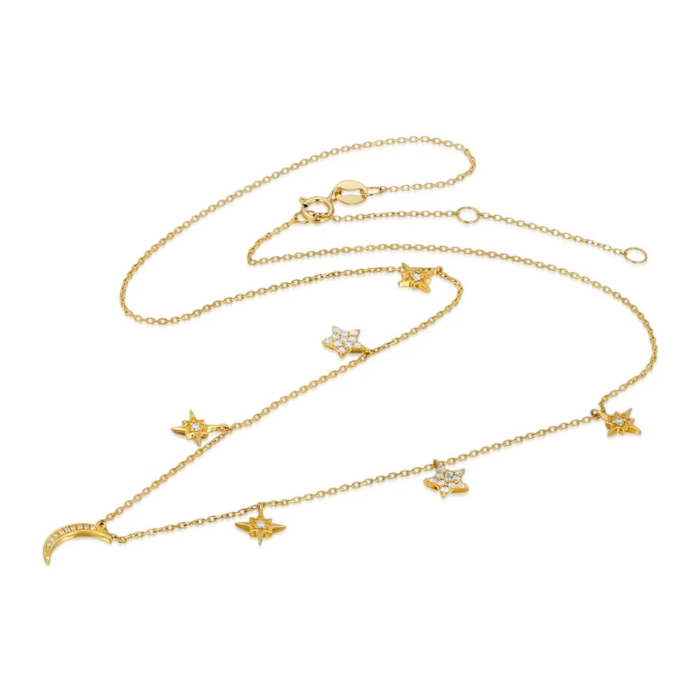 Women's 14k Solid Gold Diamond Moon & Stars Necklace Pendant - Image 3